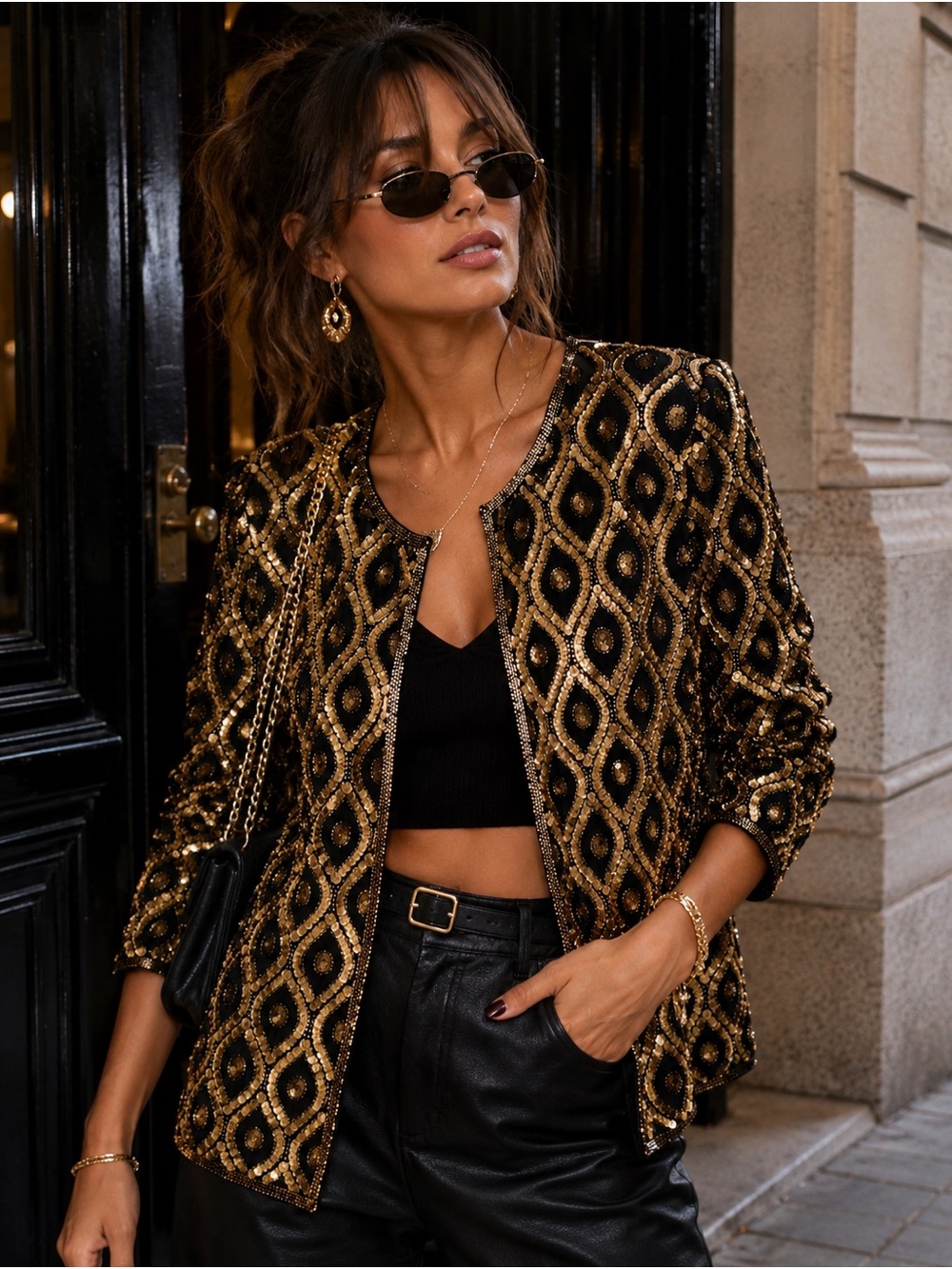 Vintage Stenay Silk Black & Gold Sequined & Beaded Geometric Jacket Size Small